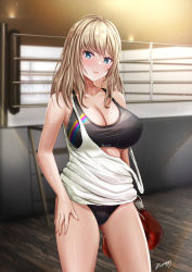 Rule 34 | 1girl, absurdres, aqua eyes, bad id, bad pixiv id, bare shoulders, black panties, blonde hair, blush, boxing gloves, boxing ring, breasts, cleavage, closed mouth, collarbone, cowboy shot, gluteal fold, hand on own thigh, highres, indoors, large breasts, light particles, long hair, looking at viewer, nori chazuke, original, panties, shirt, signature, smile, solo, sports bra, strap slip, sweat, tank top, underwear, white shirt