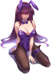 Rule 34 | 1girl, absurdres, animal ears, bare shoulders, breasts, cleavage, detached collar, fake animal ears, fate/grand order, fate (series), fishnet pantyhose, fishnets, grin, hair between eyes, highleg, highleg leotard, highres, large breasts, leotard, long hair, looking at viewer, pantyhose, playboy bunny, purple hair, purple leotard, rabbit ears, red eyes, scathach (fate), scathach (piercing bunny) (fate), sitting, smile, solo, thighs, wariza, wrist cuffs, yoshimoto (carpsukidayo)