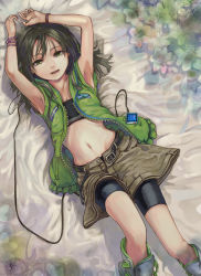Rule 34 | 1girl, armpits, arms up, bangle, belt, bike shorts, bike shorts under skirt, bracelet, digital media player, from above, green eyes, green hair, jacket, jewelry, listening to music, long hair, looking at viewer, lying, matching hair/eyes, midriff, mizore akihiro, navel, on back, open belt, open clothes, open jacket, open mouth, original, shorts, shorts under skirt, solo, strapless, tube top