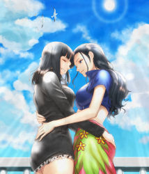 Rule 34 | 2girls, ass, ass grab, bad id, bad pixiv id, bird, black dress, black hair, blue eyes, blue shirt, blue sky, breasts, cloud, day, dress, dual persona, closed eyes, facing another, female focus, frilled dress, frills, grin, hair slicked back, hand on another&#039;s ass, hand on another&#039;s back, high collar, hime cut, hip focus, hug, large breasts, leather vest, long hair, long sleeves, looking at another, midriff, multiple girls, nico robin, one piece, sarong, seagull, selfcest, shinmanawa, shirt, short hair, short sleeves, skirt, sky, smile, standing, sun, sunlight, time paradox, wavy hair, yuri