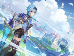 Rule 34 | 1girl, aqua hair, artist request, asymmetrical hair, bird, black gloves, black hairband, black thighhighs, blue flower, blue hair, blue necktie, blue sky, bodysuit, breasts, building, capelet, castle, cleavage, closed mouth, cloud, cloudy sky, company name, copyright notice, day, detached sleeves, eula (genshin impact), feathers, feet out of frame, floating hair, flower, frilled sleeves, frills, from side, genshin impact, gloves, gradient eyes, grass, greatsword, hair between eyes, hair ornament, hairband, highres, holding, holding sword, holding weapon, ice, juliet sleeves, landscape, light blue hair, long sleeves, looking at viewer, medium breasts, medium hair, multicolored eyes, necktie, official art, outdoors, planted, planted sword, planted weapon, puffy sleeves, purple eyes, scenery, sidelocks, sky, snowflakes, solo, sparkle, standing, sword, thighhighs, thighs, vision (genshin impact), water, weapon, white flower, wide sleeves, wind, yellow eyes