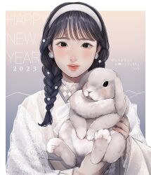 Rule 34 | 1girl, 2023, black eyes, black hair, braid, chinese zodiac, dress, earrings, fingernails, flower earrings, hairband, happy new year, highres, holding animal, holding rabbit, jewelry, long sleeves, looking at viewer, new year, original, rabbit, smile, solo, tsunko (9v2 q), white dress, white hairband, year of the rabbit