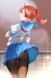Rule 34 | 1girl, :d, ahoge, ass, bad id, bad pixiv id, blonde hair, blue sailor collar, blue skirt, blush, breasts, brown pantyhose, city lights, commentary request, copyright request, cowboy shot, fog, from behind, glint, gradient hair, gusset, haimei1980, highres, looking at viewer, looking back, medium breasts, medium hair, miniskirt, multicolored hair, nose blush, open mouth, outdoors, panties, panties under pantyhose, pantyhose, pantyshot, pleated skirt, ponytail, purple eyes, railing, red hair, sailor collar, school uniform, serafuku, shirt, short sleeves, skirt, smile, solo, thigh gap, thighband pantyhose, underwear, white shirt