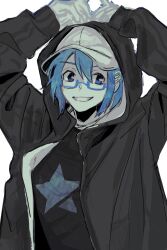 Rule 34 | 1girl, black jacket, blue eyes, blue hair, commentary request, glasses, grin, hair ornament, hairclip, highres, hood, hooded jacket, jacket, koyomania, long sleeves, looking at viewer, mahou shoujo madoka magica, mahou shoujo madoka magica (anime), miki sayaka, open mouth, semi-rimless eyewear, short hair, simple background, smile, solo, star (symbol), under-rim eyewear, upper body, white background