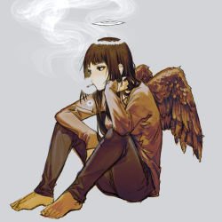Rule 34 | 1girl, angel wings, artist request, barefoot, black eyes, black hair, black pants, brown footwear, cigarette, commentary request, elbow on knee, elbow rest, feathered wings, feet, full body, grey background, haibane renmei, hair over shoulder, halo, hand on own cheek, hand on own face, head rest, highres, knees up, long hair, long sleeves, pants, reki (haibane), simple background, sitting, sketch, sleeves past wrists, smoke, smoking, solo, wings
