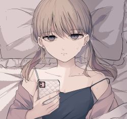 Rule 34 | 1girl, bad id, bad twitter id, bare shoulders, bed sheet, black camisole, blush, brown eyes, brown hair, brown shirt, camisole, cellphone, closed mouth, collarbone, collarbone piercing, commentary request, ear piercing, earrings, frilled pillow, frills, half-closed eyes, highres, holding, holding phone, jewelry, long hair, long sleeves, looking at viewer, low twintails, lying, off shoulder, on back, open clothes, open shirt, original, phone, piercing, pillow, shirt, solo, strap slip, stud earrings, sweat, tsuruse, twintails