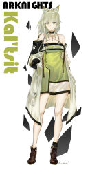Rule 34 | 1girl, absurdres, animal ear fluff, animal ears, arknights, bare legs, bare shoulders, black footwear, bwcloud, cat ears, character name, chinese commentary, closed mouth, coat, collarbone, commentary request, copyright name, detached collar, dress, expressionless, full body, green dress, green eyes, green hair, hands in pockets, highres, kal&#039;tsit (arknights), looking at viewer, material growth, medium hair, off-shoulder coat, off shoulder, oripathy lesion (arknights), shoes, signature, simple background, solo, stethoscope, strapless, strapless dress, white background, white coat