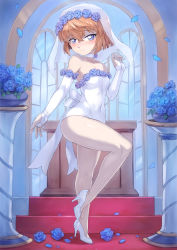 Rule 34 | 1girl, absurdres, backless dress, backless outfit, bare shoulders, blue eyes, bob cut, breasts, bridal gauntlets, bridal veil, brown hair, carpet, choker, closed mouth, collarbone, covered navel, dress, elbow gloves, flower, gloves, haibara ai, half-closed eyes, hand up, head wreath, high heels, highres, indoors, knee up, leg up, looking at viewer, looking to the side, meitantei conan, mogudan, petals, red carpet, ribbon, short hair, small breasts, smile, solo, standing, standing on one leg, strapless, strapless dress, swept bangs, tight clothes, tight dress, veil, wedding dress, white choker, white dress, white footwear, white gloves, white ribbon, window