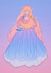Rule 34 | 1girl, aqua ribbon, artist name, bad id, bad twitter id, bishoujo senshi sailor moon, blonde hair, blue dress, closed eyes, crescent, crescent facial mark, crescent moon, dress, facial mark, gradient background, gradient dress, long hair, meyoco, moon, parted bangs, pink background, pink dress, puffy sleeves, purple background, ribbon, sky print, smile, solo, sparkle, tsukino usagi, twintails, very long hair