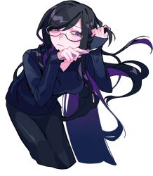 Rule 34 | 1girl, black-framed eyewear, black hair, black pants, black shirt, closed mouth, colored inner hair, glasses, hand in own hair, highres, himanemuitoma, holding, holding knife, jinsei owatarou, knife, long hair, long sleeves, looking to the side, multicolored hair, pants, purple eyes, purple hair, shirt, sleeves past wrists, solo, swept bangs, transparent background, unproductive life plan (vocaloid), v-neck, vocaloid