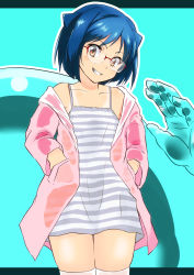 Rule 34 | 1girl, absurdres, animal ears, aq interactive, arcana heart, bare shoulders, blue hair, collarbone, daidouji kira, dress, examu, glasses, grin, highres, jacket, pink jacket, short hair, slime, smile, striped clothes, striped dress, teeth, thighhighs, vallerg, yellow eyes