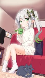 Rule 34 | 1girl, absurdres, aether (genshin impact), alternate costume, black cat, cabinet, cameo, casual, cat, commentary, couch, cup, english commentary, flat screen tv, genshin impact, gradient hair, green eyes, hair between eyes, hair ornament, highres, holding, holding cup, indoors, knees together feet apart, kulo jawa, legs, long hair, long sleeves, looking at viewer, mug, multicolored hair, nahida (genshin impact), no shoes, on couch, parted lips, photo (object), picture frame, pillow, pointy ears, ribbed sweater, side ponytail, sidelocks, sitting, socks, sweater, symbol-shaped pupils, television, turtleneck, turtleneck sweater, two-tone hair, white hair, white socks, window