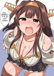 Rule 34 | 10s, 1girl, arm support, black eyes, blush, breasts, brown hair, cleavage, detached sleeves, from above, hairband, hard-translated, japanese clothes, kantai collection, kongou (kancolle), large breasts, long hair, nontraditional miko, open mouth, senshiya, sitting, solo, sweat, thighhighs, third-party edit, translated, wide sleeves
