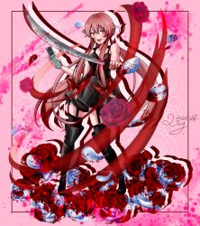 Rule 34 | 1girl, 2020, :d, black dress, black footwear, black thighhighs, blood, blood splatter, boots, bow, cellphone, collarbone, dated, dress, flip phone, floating hair, flower, full body, garter straps, gasai yuno, hair between eyes, hair bow, highres, holding, holding phone, holding sword, holding weapon, katana, long hair, looking at viewer, mirai nikki, open mouth, phone, pink background, pink eyes, pink hair, red bow, red flower, red rose, rose, short dress, signature, sleeveless, sleeveless dress, smile, solo, standing, suzukage liny, sword, thigh boots, thighhighs, thighhighs under boots, very long hair, weapon, zettai ryouiki