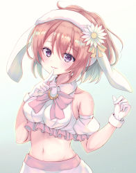 Rule 34 | 1girl, :3, absurdres, armpit crease, bare shoulders, blush, bow, bowtie, breasts, brown hair, closed mouth, collared shirt, crop top, detached sleeves, finger to mouth, flower, gloves, gochuumon wa usagi desu ka?, hair flower, hair ornament, hands up, highres, hoto cocoa, long hair, looking at viewer, medium breasts, midriff, navel, ponytail, puffy short sleeves, puffy sleeves, purple eyes, sakuraume, shirt, short sleeves, skirt, smile, solo, stomach, upper body, white flower, white gloves, white shirt, white skirt