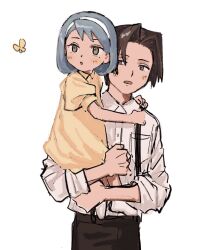 Rule 34 | 1boy, 1girl, ace attorney, aged down, alternate costume, blush, brown eyes, brown hair, bug, butterfly, carrying, carrying person, collared shirt, dress, franziska von karma, hair intakes, hairband, hug, insect, long sleeves, miles edgeworth, open mouth, pants, puffy short sleeves, puffy sleeves, renshu usodayo, shirt, short hair, short sleeves, simple background, suspenders, white background, white shirt, yellow dress