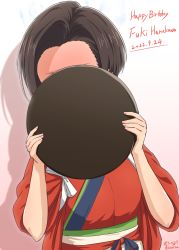 Rule 34 | 1girl, brown hair, commentary request, covering face, dated, diesel-turbo, facing viewer, happy birthday, harukawa fuki, highres, japanese clothes, kimono, lycoris recoil, open mouth, red kimono, short hair, solo, tray, upper body, waitress