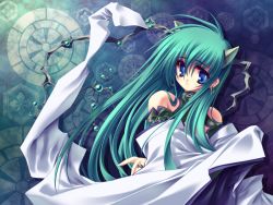 Rule 34 | 1girl, aoi yuuji, blue eyes, carnelian, character request, earrings, green hair, highres, horns, jewelry, long hair, looking at viewer, ring, solo, source request, straight hair