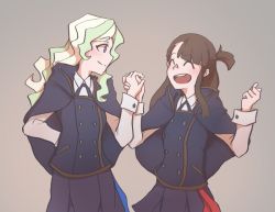 Rule 34 | 2girls, blonde hair, blue eyes, brown hair, couple, diana cavendish, happy, holding hands, kagari atsuko, little witch academia, long hair, looking at another, luna nova school uniform, multicolored hair, multiple girls, school uniform, simple background, smile, two-tone hair, uniform, usbfan, wavy hair, white background, yuri