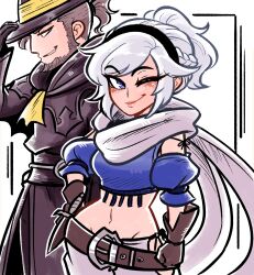 1boy 1girl absurdres adelle_ein ascot belt blue_eyes bravely_default_(series) bravely_default_ii brown_belt brown_gloves chinstrap_beard coat connected_beard crop_top elvis_lesley gloves grey_hair hand_on_own_hip hat_tip highres mature_male one_eye_closed ponytail scarf scruffyturtles smirk white_hair white_scarf yellow_ascot