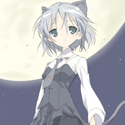 Rule 34 | 1girl, animal ears, bad id, bad pixiv id, black pantyhose, blush, cat ears, cat tail, core (mayomayo), grey eyes, miniskirt, moon, necktie, night, pantyhose, sanya v. litvyak, short hair, silver hair, skirt, solo, strike witches, tail, uniform, world witches series