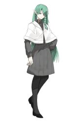 Rule 34 | 1girl, black footwear, black pantyhose, braid, capelet, closed mouth, commission, contrapposto, dress, elf, full body, green eyes, green hair, grey dress, hand on own hip, kankan33333, long hair, looking at viewer, original, pantyhose, pointy ears, shoes, side braid, simple background, skeb commission, solo, white background, white capelet