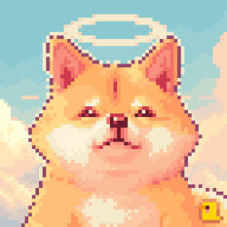 Rule 34 | animal ears, animal focus, animal nose, aqua sky, artist logo, body fur, closed mouth, cloud, cloudy sky, commentary, day, dog, dog ears, doge, english commentary, halo, heaven, kabosu (dog), looking at viewer, mixed-language commentary, no humans, outdoors, pixel art, pixellquests, portrait, real life, shiba inu, sky, solo, straight-on