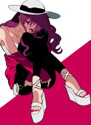 Rule 34 | 1girl, alternate hairstyle, asamiya athena, bad id, bad pixiv id, breasts, cleavage, collarbone, earrings, flower, hat, highres, hohehohe, jewelry, knees up, crossed legs, looking at viewer, nail polish, necklace, off shoulder, parted lips, pink nails, platform footwear, purple hair, red eyes, sandals, simple background, sitting, smile, solo, sun hat, the king of fighters, toenail polish, toenails
