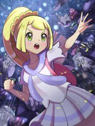 Rule 34 | 1girl, :o, blonde hair, clenched hand, collarbone, creatures (company), floating, game freak, gen 7 pokemon, green eyes, highres, inana umi, lillie (pokemon), nihilego, nintendo, open mouth, outstretched arm, pokemon, pokemon sm, ponytail, shirt, skirt, tentacles, ultra beast, v-shaped eyebrows, white shirt, white skirt