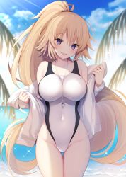 Rule 34 | 1girl, :d, bare shoulders, beach, between breasts, blonde hair, blue eyes, blue sky, blurry, blurry background, blush, branch, breasts, collarbone, competition swimsuit, covered erect nipples, covered navel, cowboy shot, day, depth of field, diffraction spikes, fate/grand order, fate (series), floating hair, groin, hair between eyes, hair tie, head tilt, high ponytail, highleg, highleg swimsuit, highres, hip focus, horizon, impossible clothes, impossible swimsuit, jacket, jeanne d&#039;arc (fate), jeanne d&#039;arc (ruler) (fate), jeanne d&#039;arc (swimsuit archer) (fate), jeanne d&#039;arc (swimsuit archer) (second ascension) (fate), large breasts, legs together, light rays, long hair, long sleeves, looking at viewer, miko (royal milk), ocean, off shoulder, one-piece swimsuit, open clothes, open jacket, open mouth, outdoors, ponytail, raised eyebrows, shade, sky, smile, solo, sparkle, standing, sunbeam, sunlight, swimsuit, thigh gap, thighs, very long hair, water, whistle, whistle around neck, white jacket, white one-piece swimsuit