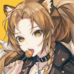 Rule 34 | arknights, braid, brown hair, candy, choker, fanshu, food, highres, jacket, jewelry, lollipop, long hair, looking at viewer, necklace, open mouth, ponytail, siege (arknights), solo, yellow eyes