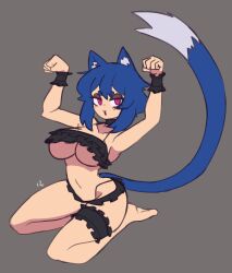 Rule 34 | 1girl, :3, animal ear fluff, animal ears, arched back, arms up, barefoot, blue hair, bra, breasts, cat ears, cat girl, cat tail, choker, clenched hands, collarbone, doce, female focus, freckles, frilled bra, frilled underwear, frills, full body, grey background, half-closed eyes, highres, large breasts, looking at viewer, navel, original, parted lips, purple eyes, seiza, short hair, simple background, sitting, solo, tail, underboob, underwear, underwear only, xiao (docecaedrus)