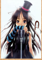 Rule 34 | 00s, 1girl, absurdres, akiyama mio, black eyes, black hair, blunt bangs, don&#039;t say &quot;lazy&quot;, dress, fingerless gloves, gloves, goto p, hat, highres, hime cut, k-on!, long hair, microphone, microphone stand, mini hat, mini top hat, scan, solo, striped, top hat