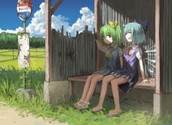 Rule 34 | 2girls, ascot, bench, blue dress, blue eyes, blue hair, blue sky, bow, bus stop, cirno, closed eyes, cloud, commentary, corrugated galvanized iron sheet, daiyousei, day, dilapidated, dress, fairy wings, forest, green hair, hair bow, highres, looking at another, multiple girls, nature, nemu kotatsu, one side up, open mouth, outdoors, pinafore dress, puffy short sleeves, puffy sleeves, rice paddy, road sign, ruins, rust, sandals, shirt, short hair, short sleeves, side-by-side, sideways glance, sign, sitting, sky, sleeveless dress, summer, touhou, white footwear, white shirt, wings, yellow ascot