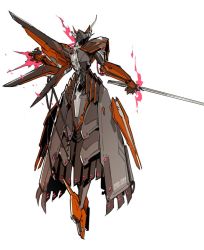 Rule 34 | antonio salieri (fate), antonio salieri (first ascension) (fate), dual wielding, fate/grand order, fate (series), fire, full body, holding, mecha, mechanical skirt, mechanical wings, mechanization, robot, simple background, starshadowmagician, sword, weapon, white background, wings