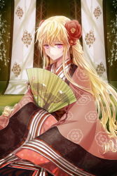 Rule 34 | 1girl, alternate costume, blonde hair, cinia pacifica, expressionless, flower, folding fan, hair flower, hair ornament, hand fan, hands in opposite sleeves, holding, japanese clothes, kimono, layered clothes, layered kimono, long hair, lowres, pink eyes, reum, sitting, sleeves past wrists, solo, sword girls, very long hair