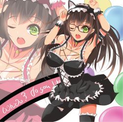 Rule 34 | 1girl, animal ears, arm strap, arm up, armpits, arms up, bad id, bad pixiv id, bell, black dress, black hair, black thighhighs, breasts, cat ears, cleavage, collar, collarbone, cross, dress, fake animal ears, glasses, green eyes, highres, jewelry, large breasts, long hair, maid, maid headdress, neck bell, necklace, one eye closed, open mouth, original, pendant, solo, thighhighs, velia, wink, wrist cuffs, zettai ryouiki