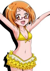 Rule 34 | 1girl, :d, adapted costume, bikini, breasts, brown eyes, brown hair, cure muse (yellow), medium breasts, nita (onakatohoppe), open mouth, precure, shirabe ako, short hair, smile, source request, suite precure, swimsuit, yellow bikini