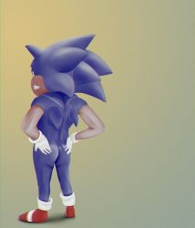 Rule 34 | 1boy, ass, ass cutout, back, blue hair, butt crack, clothing cutout, furry, furry male, gloves, gradient background, green eyes, highres, male focus, sega, shoes, smile, sneakers, solo, sonic (series), sonic the hedgehog, white gloves