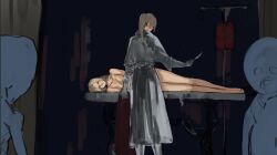 Rule 34 | 2girls, arianna (bloodborne), bloodborne, breasts, character request, closed mouth, coat, completely nude, feet out of frame, from behind, gloves, grey coat, holding, holding clothes, holding coat, holding knife, indoors, iosefka, knife, large breasts, long sleeves, lying, multiple girls, nude, on side, ponytail, standing, yourfreakyneighbourh