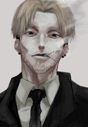 Rule 34 | 1boy, black jacket, black necktie, chainsaw man, cigarette, collared shirt, curtained hair, ear piercing, facial hair, grey hair, highres, jacket, juzoh13, kishibe (chainsaw man), looking at viewer, multiple piercings, necktie, piercing, shirt, short hair, simple background, smoke, smoking, solo, stitched face, stitches, stubble, white background, white shirt
