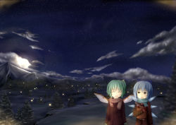 Rule 34 | 2girls, bag, blue hair, bow, cirno, cloud, coat, cold, commentary request, daiyousei, closed eyes, fairy wings, fireflies, food, full moon, gloves, green hair, hair bow, hair ribbon, highres, ice, ice wings, moon, mountain, multiple girls, night, outdoors, parted lips, pine tree, red eyes, revision, ribbon, scarf, short hair, side ponytail, sky, snow, star (sky), starry sky, steam, taiyaki, touhou, tree, wagashi, wings, yunomiya
