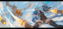 Rule 34 | 1girl, battle, blue hair, blue neckwear, blue sky, bodystocking, breasts, center opening, cloud, cloudy sky, covered navel, eula (genshin impact), fighting stance, genshin impact, hairband, highres, holding, holding sword, holding weapon, leotard, letterboxed, missile, ribao, robot, skindentation, sky, solo focus, standing, sword, thick thighs, thigh strap, thighhighs, thighs, vambraces, weapon
