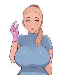 Rule 34 | 1girl, blonde hair, blue eyes, breasts, facing viewer, female focus, gloves, highres, large breasts, looking at viewer, mare ten, maya (mare ten), nurse, pinching gesture, pink gloves, ponytail, rubber gloves, small penis humiliation, smile, solo, straight-on, tiny gesture