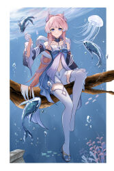 Rule 34 | 1girl, absurdres, blue hair, border, bow-shaped hair, branch, closed mouth, collar, collarbone, colored tips, detached collar, fish, frilled collar, frilled sleeves, frills, full body, genshin impact, highres, huangwanzi, jellyfish, long hair, looking at viewer, multicolored hair, navel, outside border, pink hair, purple eyes, sangonomiya kokomi, shorts, sitting, sitting on branch, smile, solo, thighhighs, underwater, white border, white shorts, white thighhighs