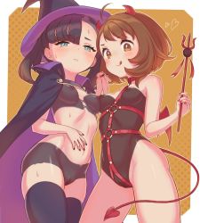 Rule 34 | 2girls, :q, ahoge, bare arms, black cape, black legwear, black nails, blush, bodypaint, breasts, brown eyes, brown hair, cape, closed mouth, commentary request, creatures (company), eyelashes, frown, game freak, gloria (pokemon), green eyes, halloween, harness, hat, heart, highres, holding, holding hands, horns, marnie (pokemon), multiple girls, n2ewu, nail polish, nintendo, nipples, pokemon, pokemon swsh, pussy, red nails, shiny skin, short hair, smile, tail, thighhighs, tongue, tongue out, wings, witch hat