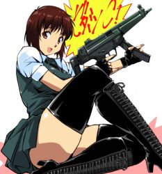 Rule 34 | 1girl, black footwear, black necktie, black panties, black thighhighs, boots, brown eyes, brown hair, buttons, commentary request, cross-laced footwear, double-breasted, fingerless gloves, gloves, grey skirt, grey vest, gun, holding, holding gun, holding weapon, kamisimo 90, knee up, lace-up boots, necktie, open mouth, original, panties, pleated skirt, puffy sleeves, school uniform, shirt, short hair, short sleeves, sitting, skirt, solo, thighhighs, thighhighs under boots, underwear, uniform, vest, weapon, white shirt