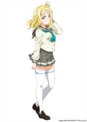 Rule 34 | 10s, 1girl, 2016, blonde hair, bow, braid, copyright name, crown braid, dated, detached sleeves, full body, light smile, long hair, long sleeves, looking at viewer, love live!, love live! sunshine!!, official art, ohara mari, pleated skirt, school uniform, serafuku, shoes, simple background, skirt, solo, standing, thighhighs, uranohoshi school uniform, white background, white thighhighs, yellow eyes, zettai ryouiki