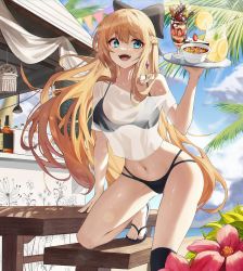 Rule 34 | 1girl, alcohol, beach, bikini, bikini under clothes, black bikini, black bow, blonde hair, blouse, blue eyes, blurry, blurry background, bottle, bow, bowl, braid, breasts, building, cloud, commentary, flip-flops, flower, food, foot out of frame, fruit, hair between eyes, hair bow, highres, holding, holding tray, josal, kneehighs, large breasts, legs, lemon, lemon slice, lemonade, light rays, liquor, long hair, looking to the side, menu board, navel, off shoulder, open mouth, original, palm tree, parfait, sandals, see-through, see-through shirt, shadow, shiny skin, shirt, sidelocks, single kneehigh, single sock, socks, solo, sonya (schan), swimsuit, symbol-only commentary, table, teeth, thighs, toes, tray, tree, upper teeth only, white shirt