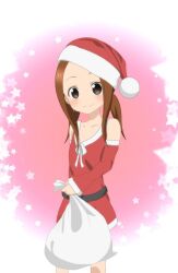 Rule 34 | 1girl, aki (yunkana), blush, brown eyes, brown hair, child, christmas, hat, highres, karakai jouzu no takagi-san, santa costume, santa hat, smile, solo, takagi-san